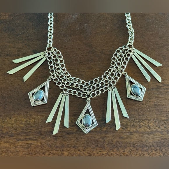 Layered Gold Chain Necklace with Pendants & Bar Dangles - Picture 3 of 4